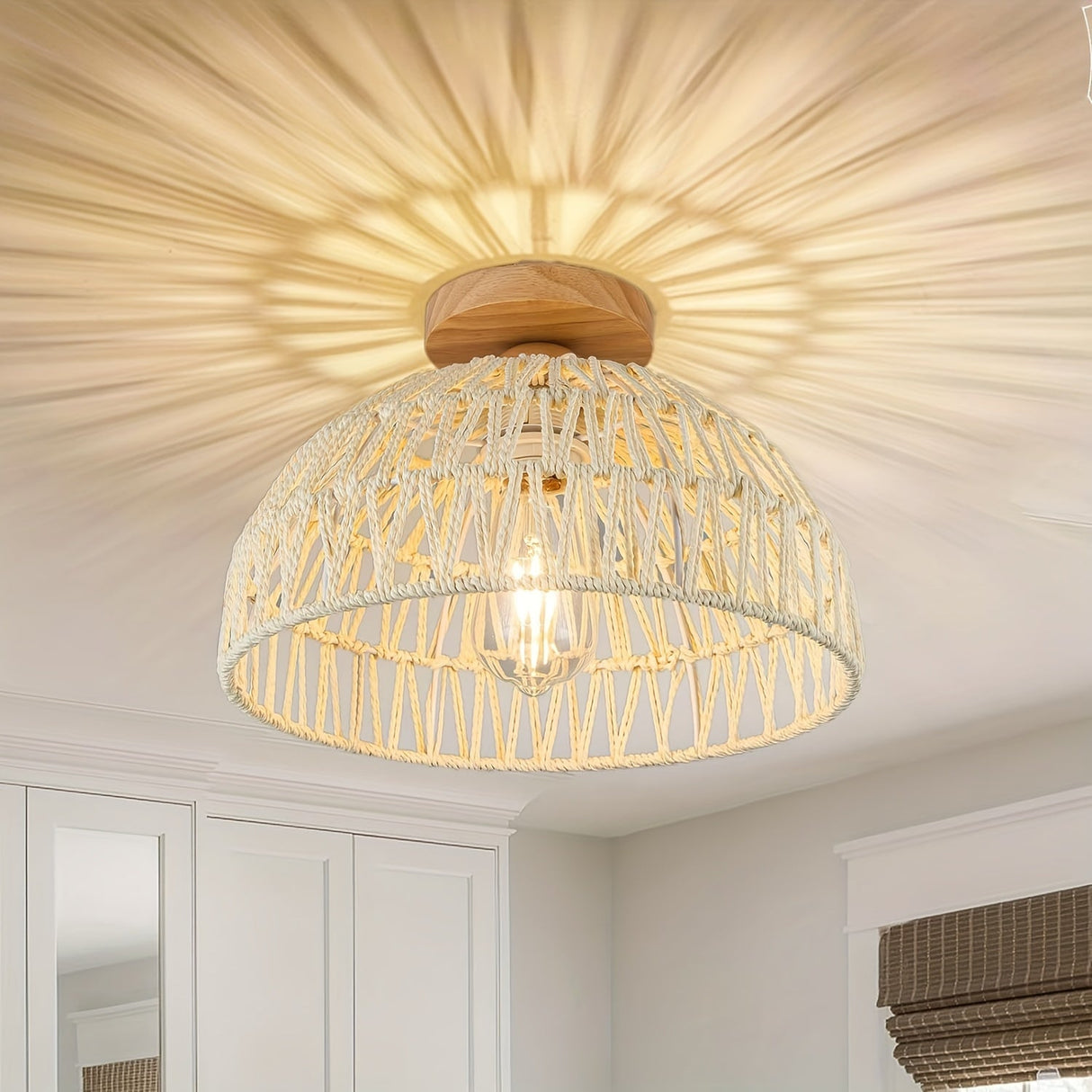 Boho Rattan Ceiling Light Flush Mount Handwoven Pendant Lamp for Bedroom