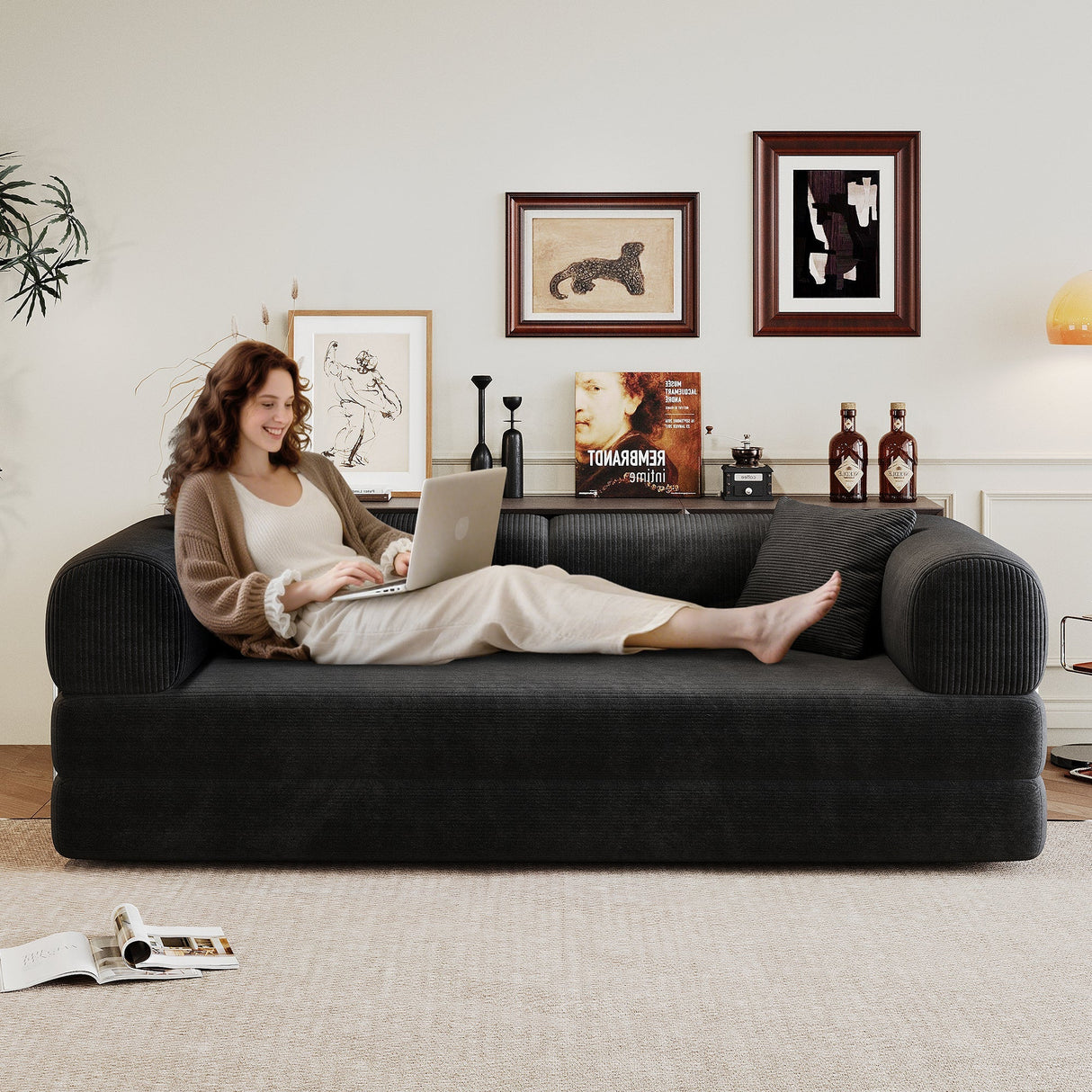 78.8' Compression Sofa,Convertible Floor Sofa Bed-with Pillow Back Support Armrest,Comfy Futon Couch Sleeper Bed,Loveseats Boneless Modular Sectional Sofa,Corduroy fabric,for Living Room,Bedroom,Black