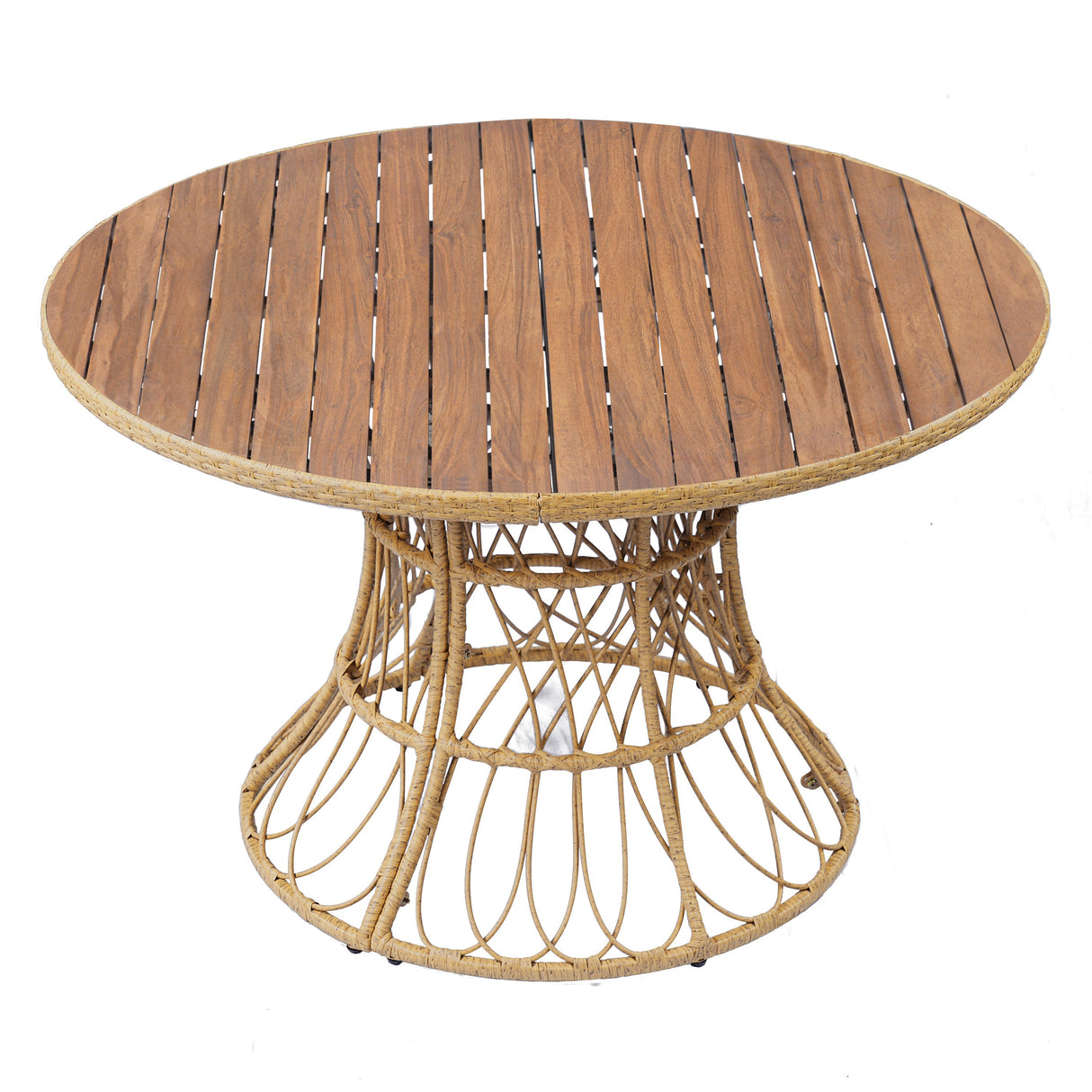 5-Piece Outdoor Dining Set: Teak Finish Round Acacia Wood Table & 4 Teak Finish Wicker Armchairs
