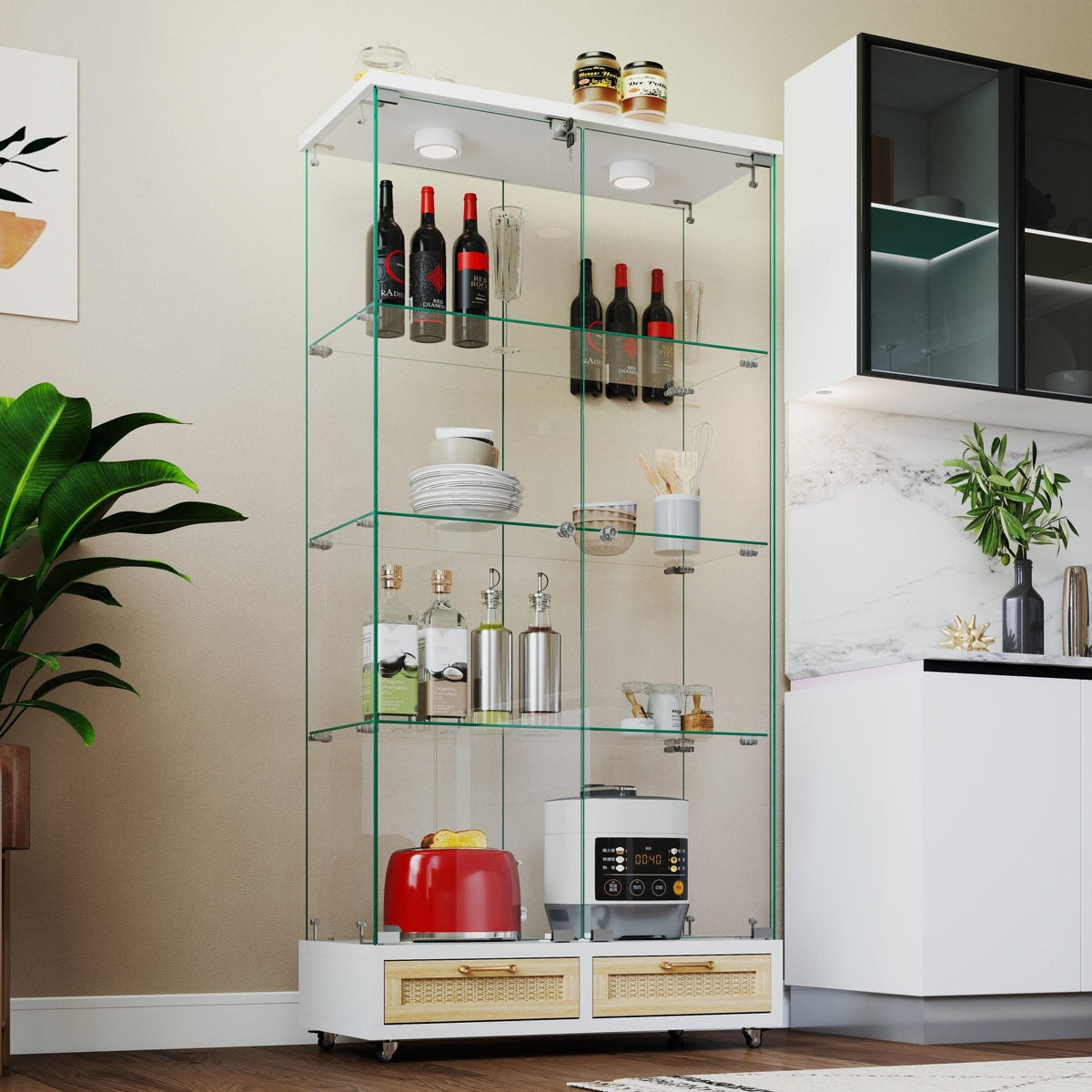 Glass Display Cabinet With LED Lights, Tempered Glass Doors, Large Drawers, 2 Door Storage Case With 4 Shelves - Natural / White