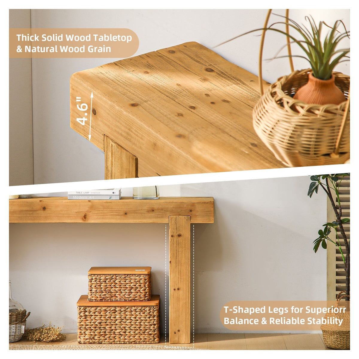 Solid Wood Console Table with Rustic Farmhouse Style – Natural Wood