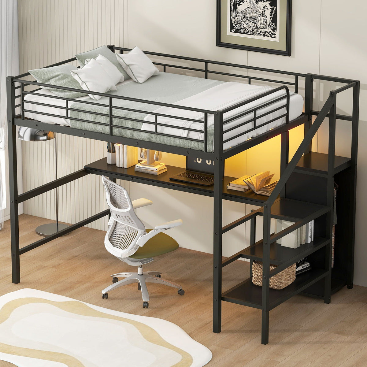 Full Size Loft Bed With Desk, Storage Staircase, Small Wardrobe And LED Light - Black