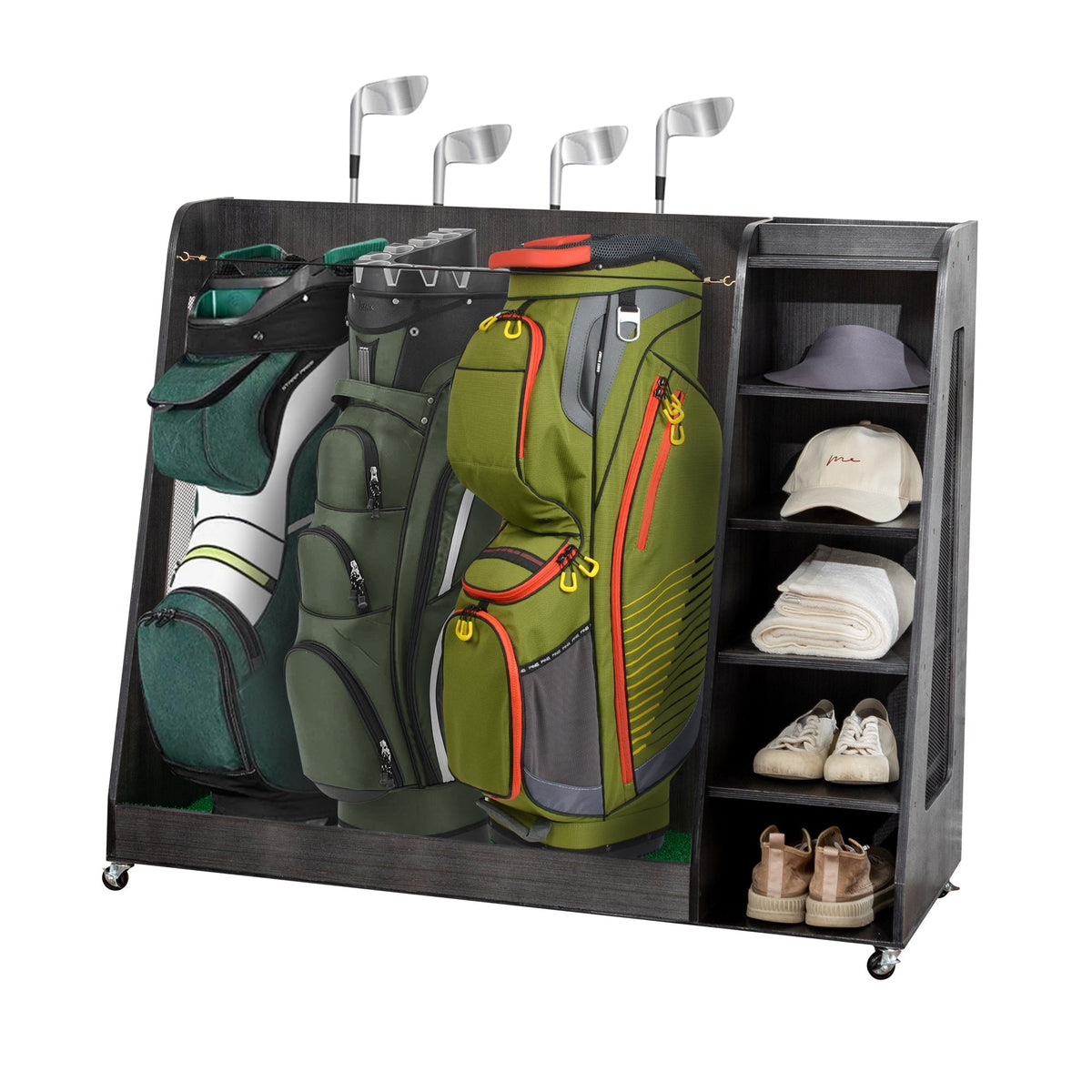 Gray Wooden Golf Bag Storage Rack with 3 Drawers