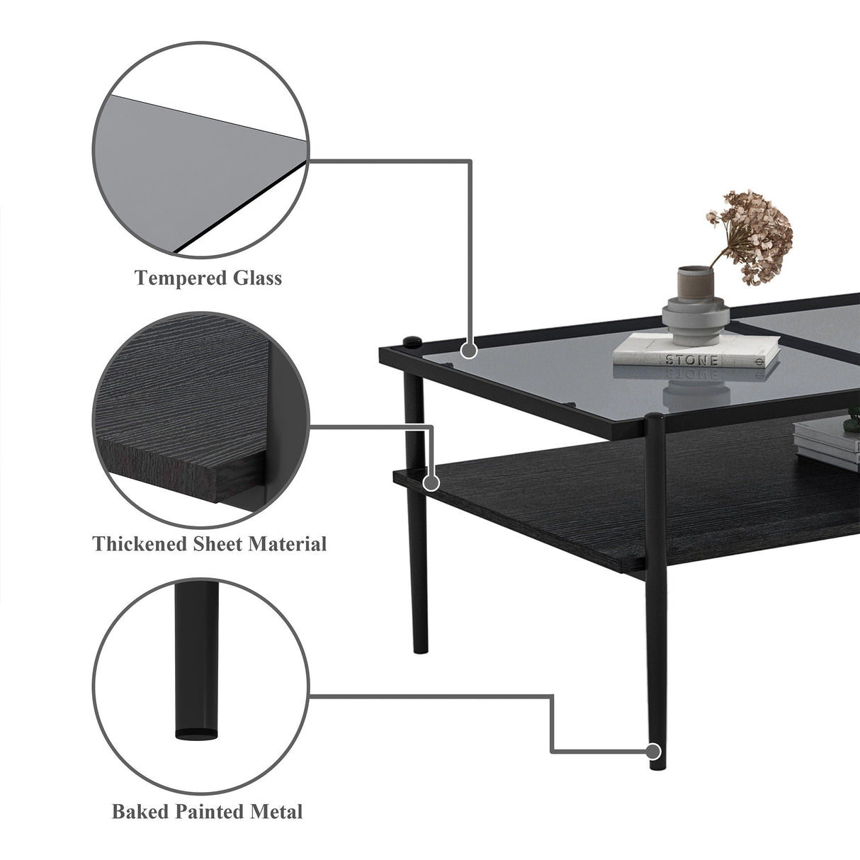 Rectangle Coffee Table With Tempered Glass Top And Legs, Modern Table For Living Room