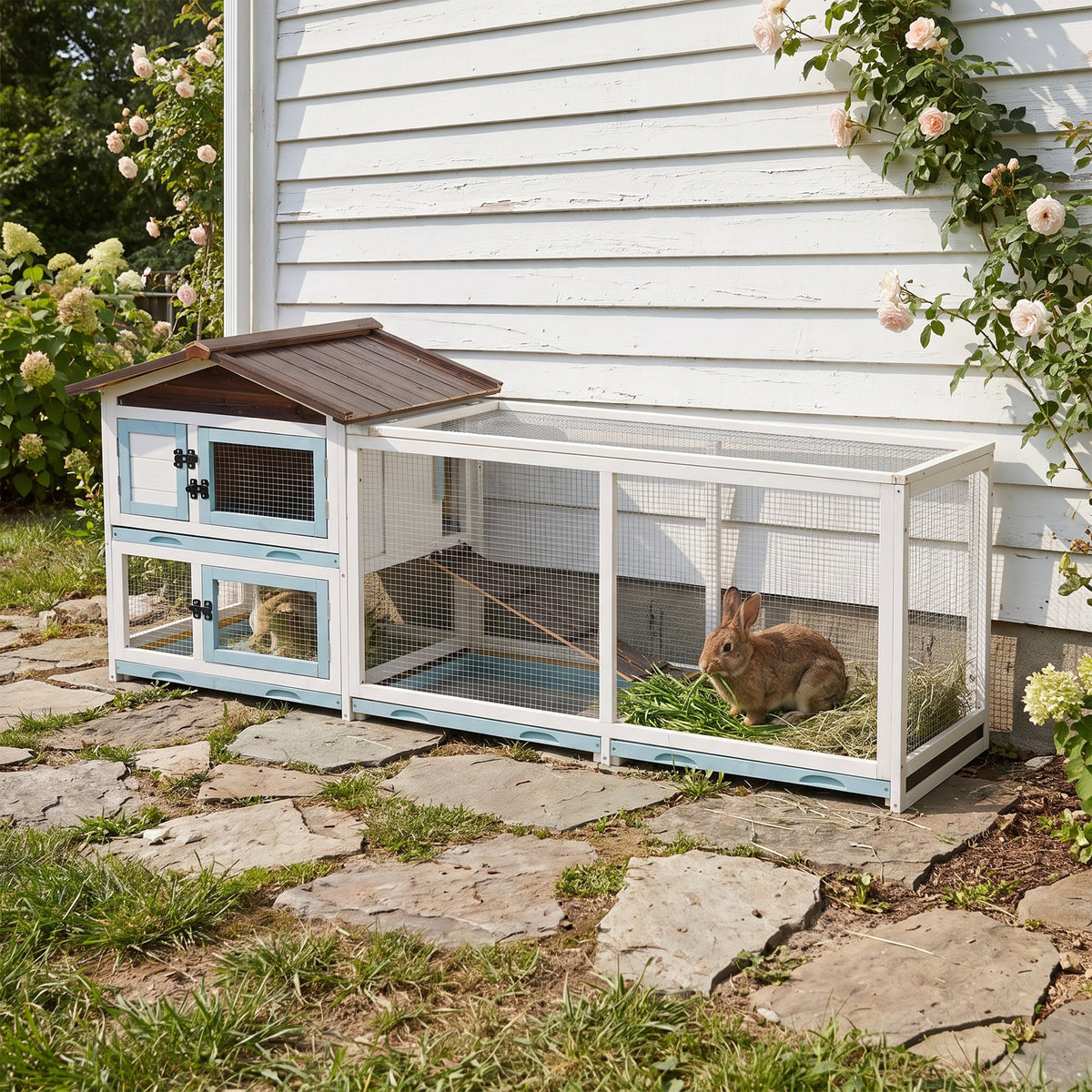 Outdoor Multi-Level Fir Wood Rabbit Hutch with Removable Trays - Natural Wood