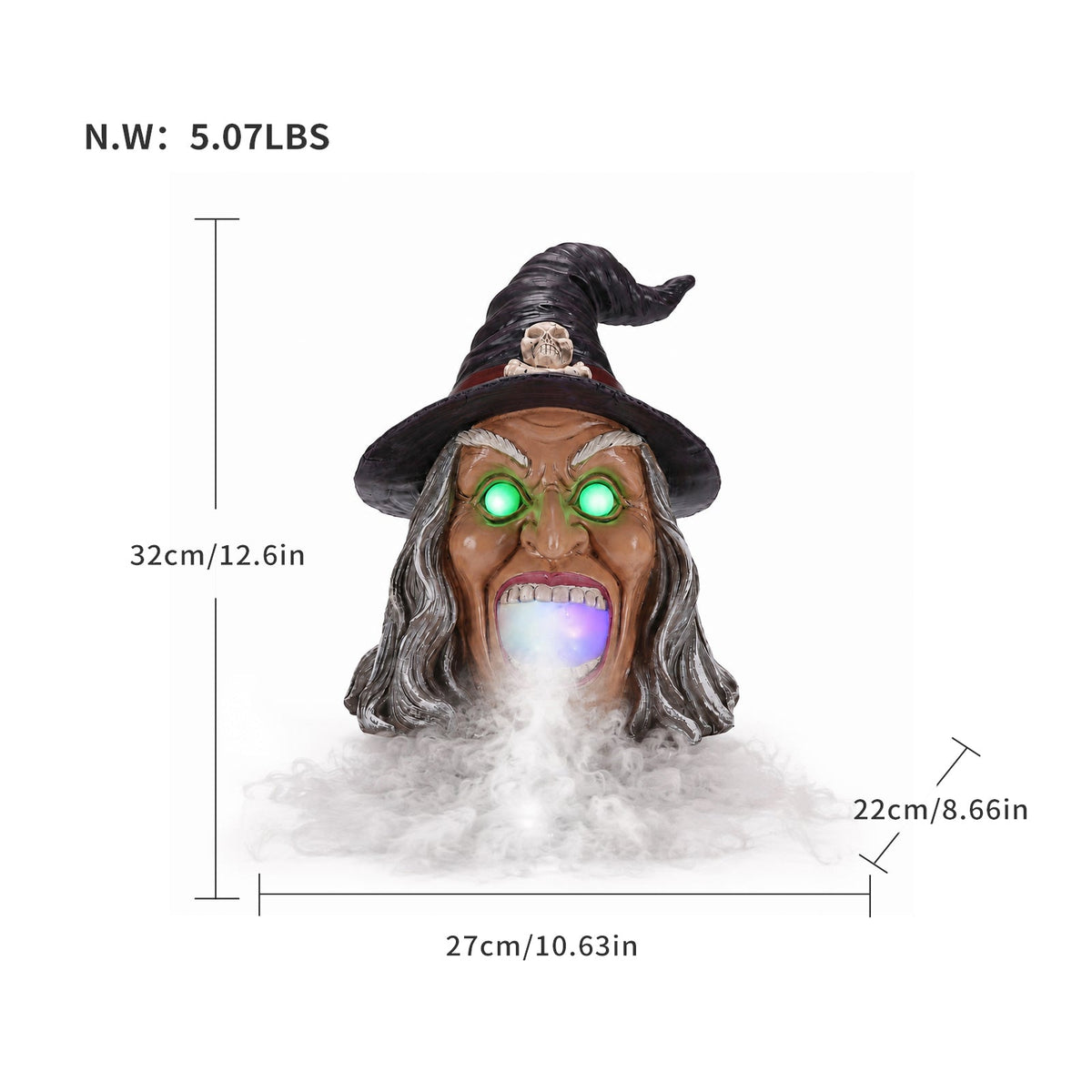 Halloween Witch Head Decor with LED Light and Mist Effect