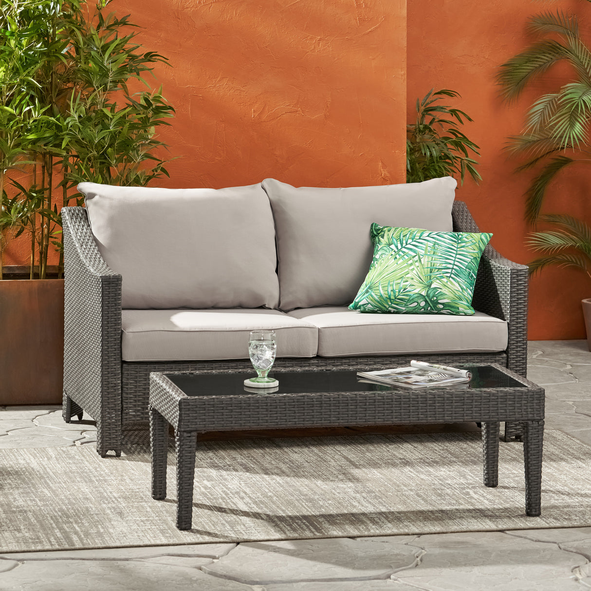 2-Piece-Outdoor-Wicker-Loveseat-&-Table-Set-with-Water-Resistant-Cushions-–-Grey-Outdoor-Sofas
