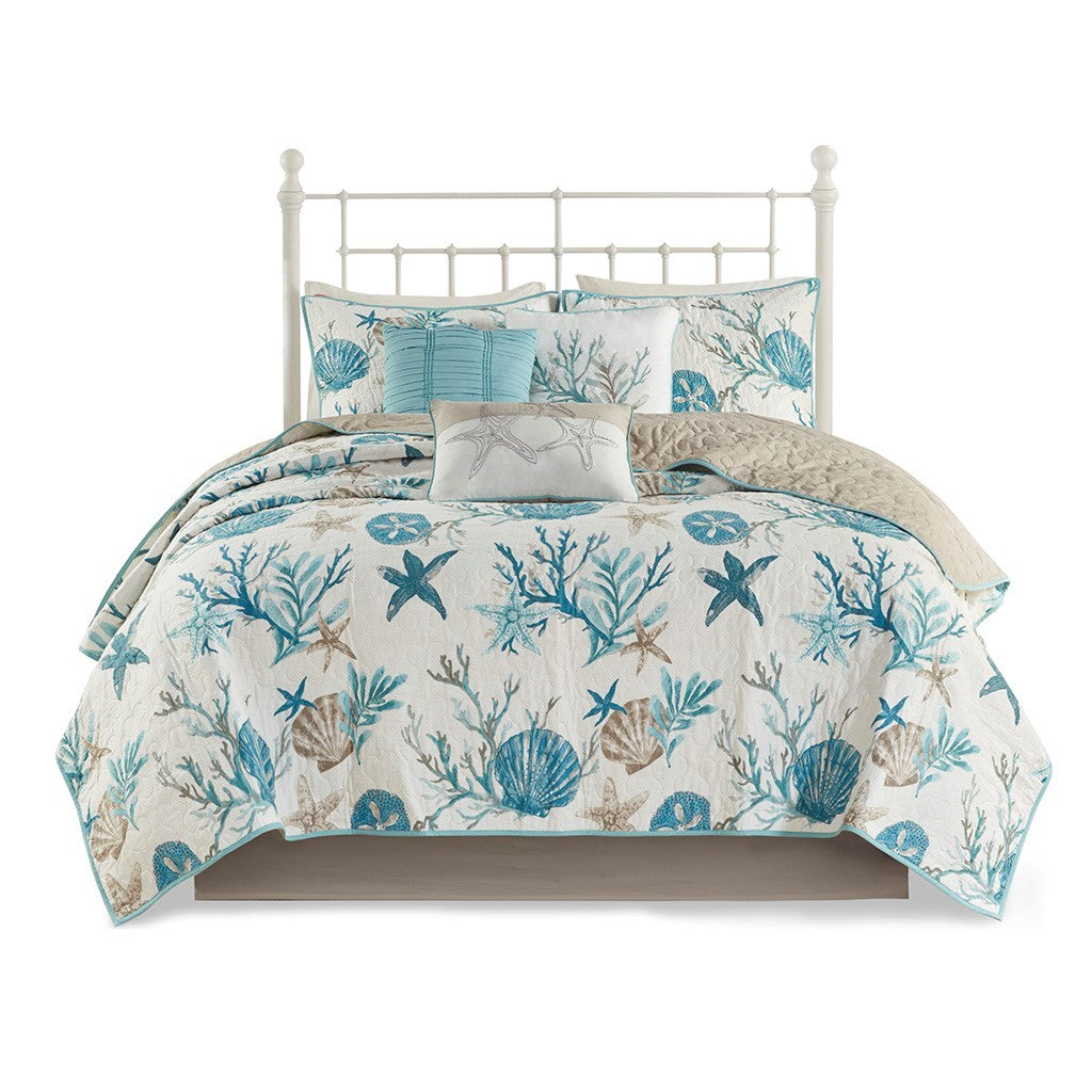 Aqua Cotton Sateen Quilt Set with Throw Pillows - King/Cal King