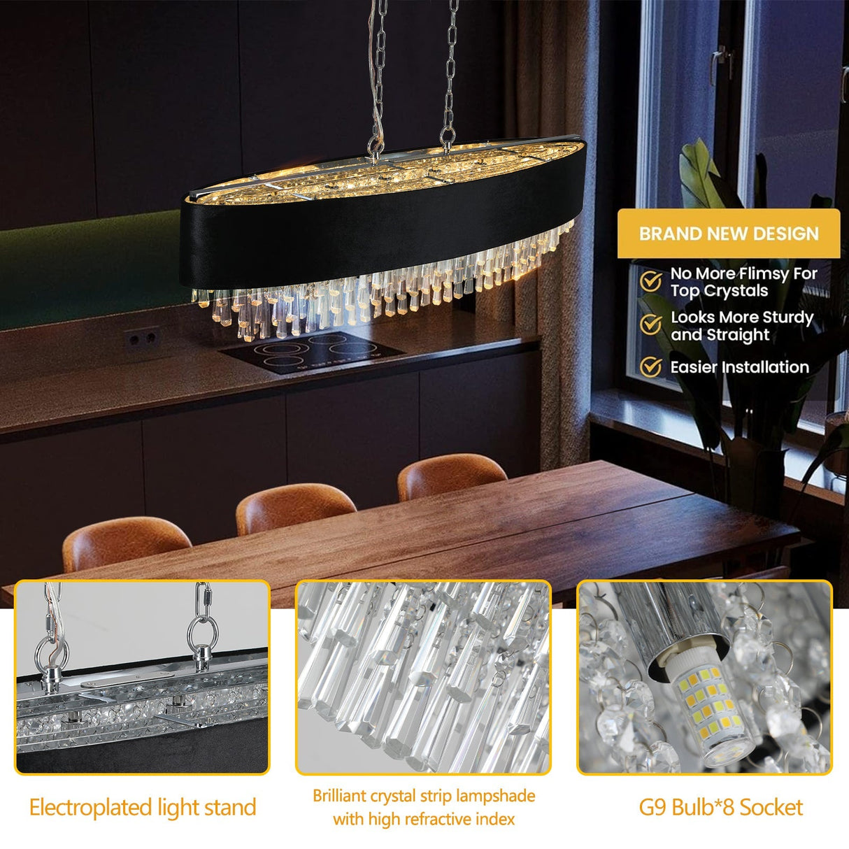 39' Modern Crystal Chandelier with Black Imitation Velvet Anti-Glare Shade, Adjustable Height, 8-Light G9 Base for Dining Room, Living Room, or Bedroom (Bulb Not Included)