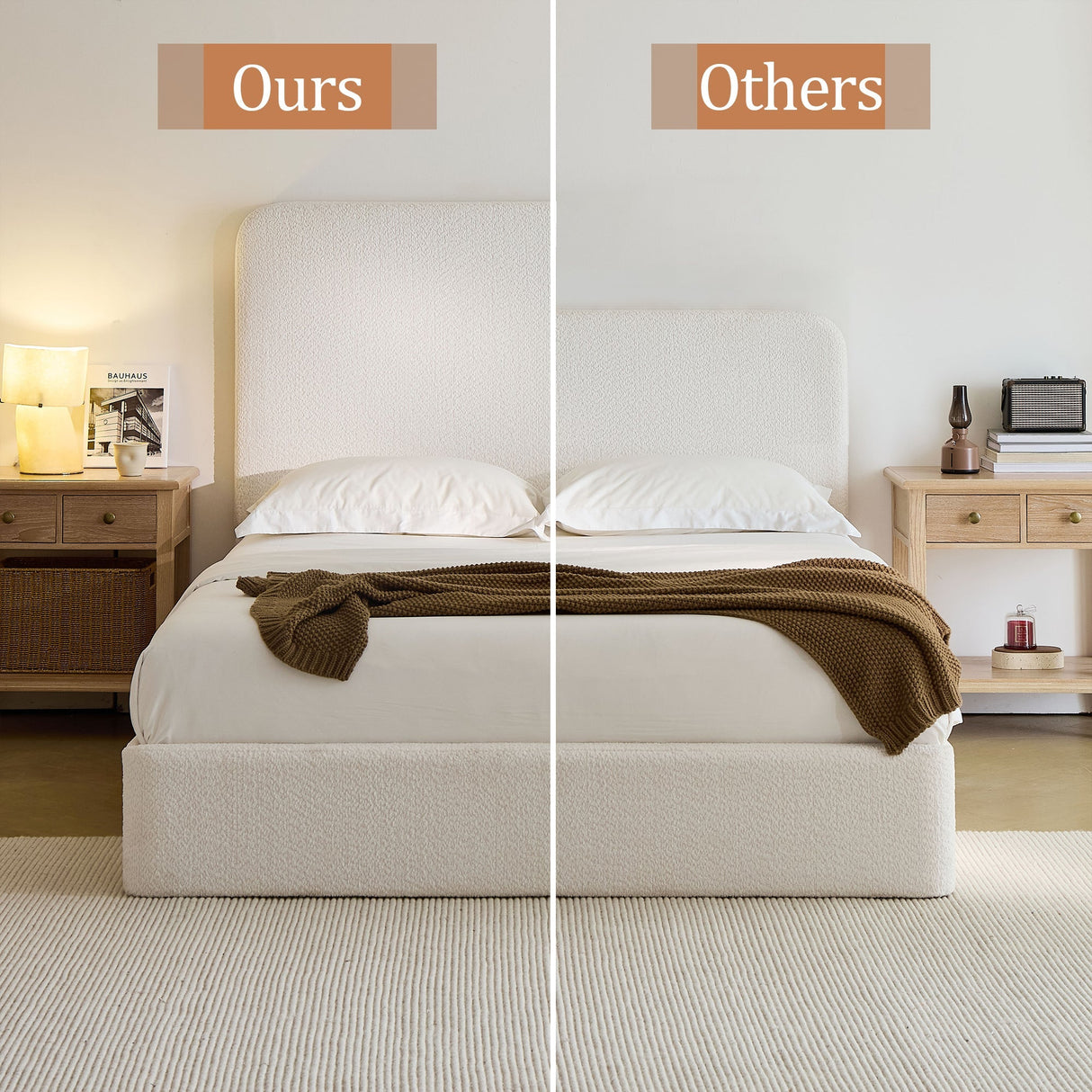Canter Tall Headboard Upholstered Bed in Pearl White Chenille, Queen Size