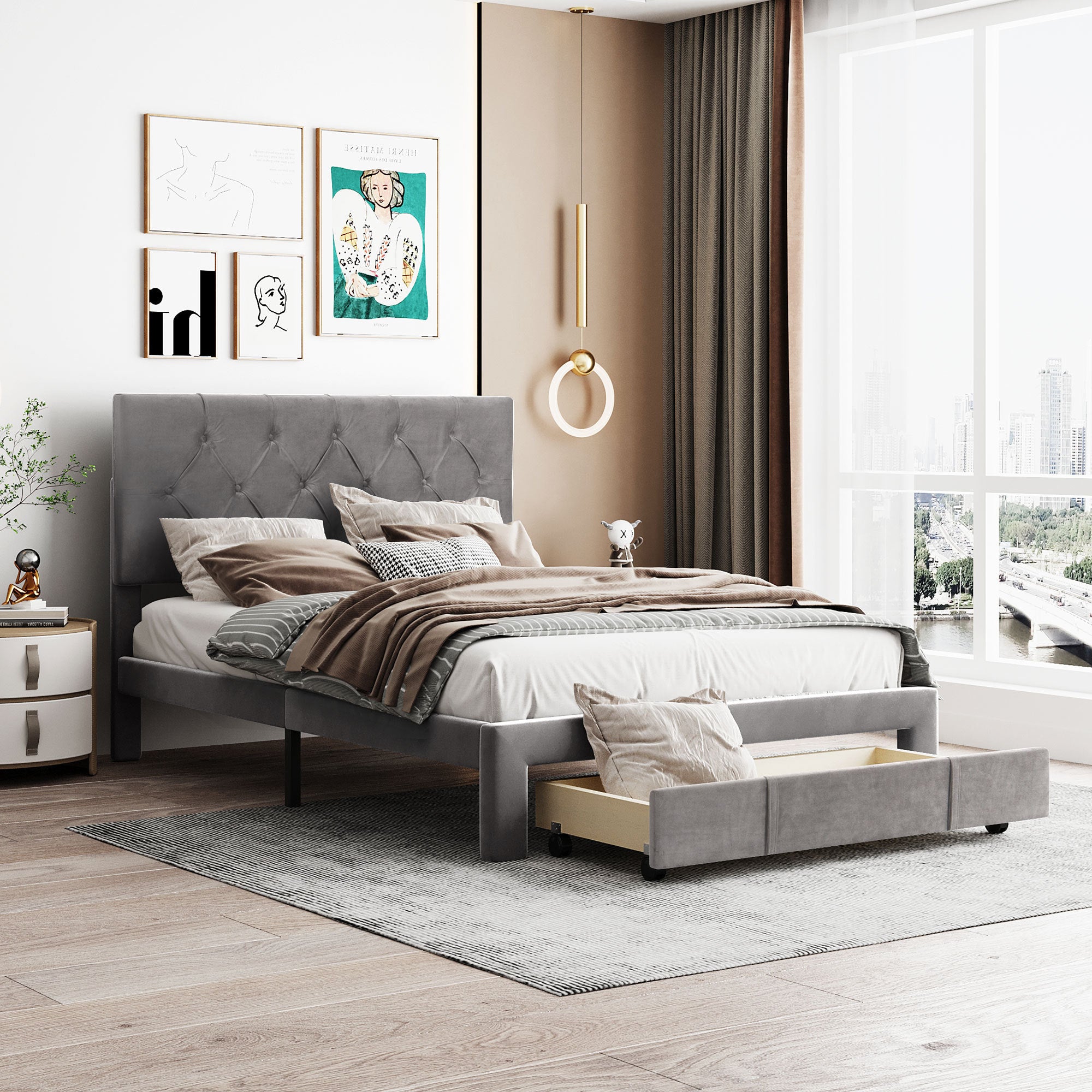 Full-Size-Storage-Bed-Velvet-Upholstered-Platform-Bed-with-a-Big-Drawer-Grey-Beds-&-Bed-Frames