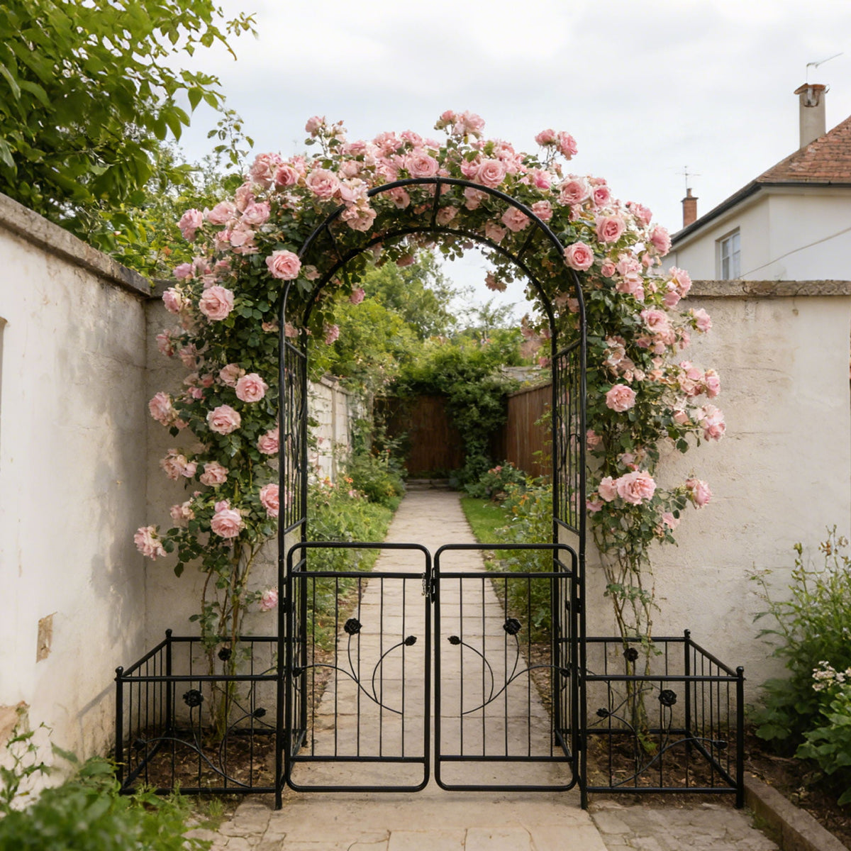 Metal Garden Arch With Gate Wide High Climbing Plants Support Rose Arch Outdoor - Black