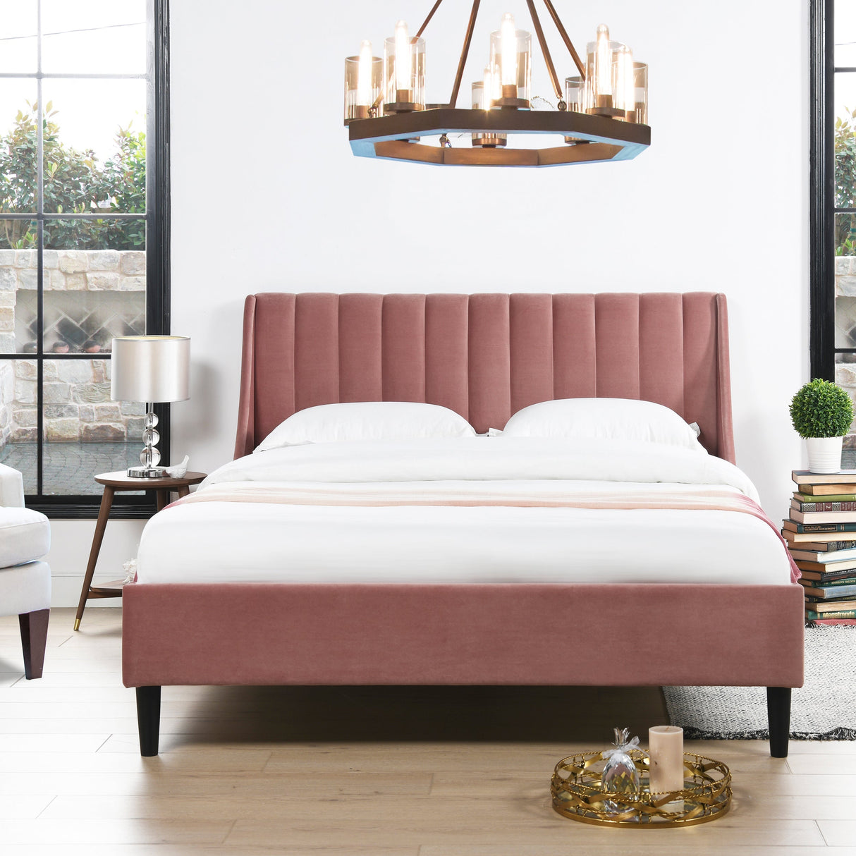 Aspen Vertical Tufted Headboard Platform Bed Set, Queen, Ash Rose Pink Velvet