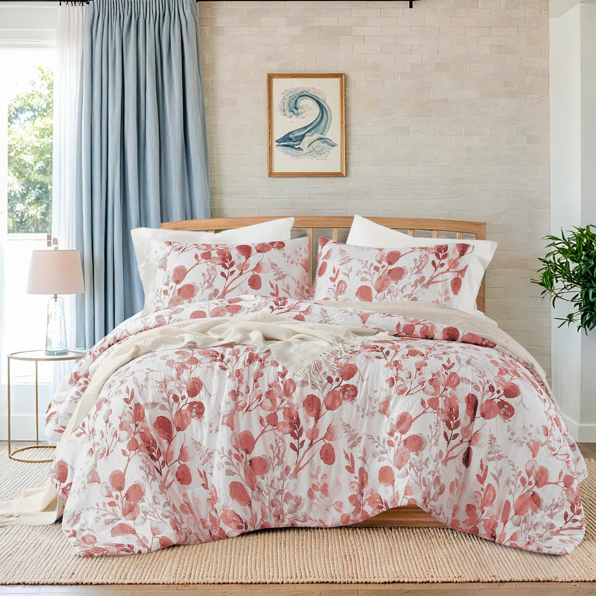 3-Piece Full/Queen Reversible Floral Botanical Seersucker Comforter Set