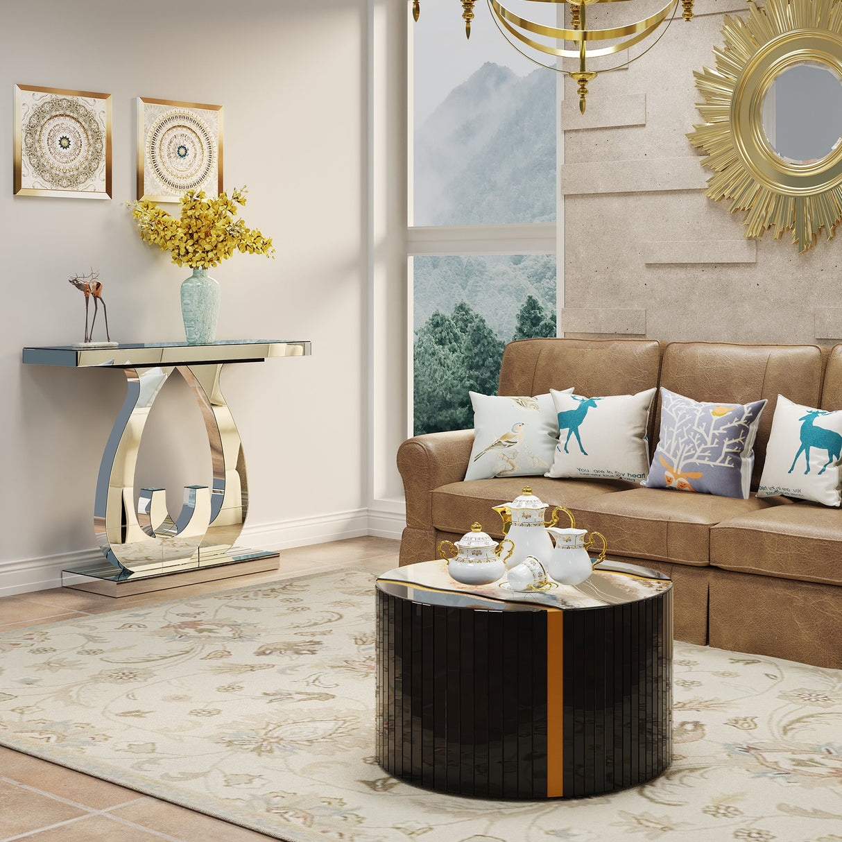 Modern Mirror Side Table with Double C-Shape Base