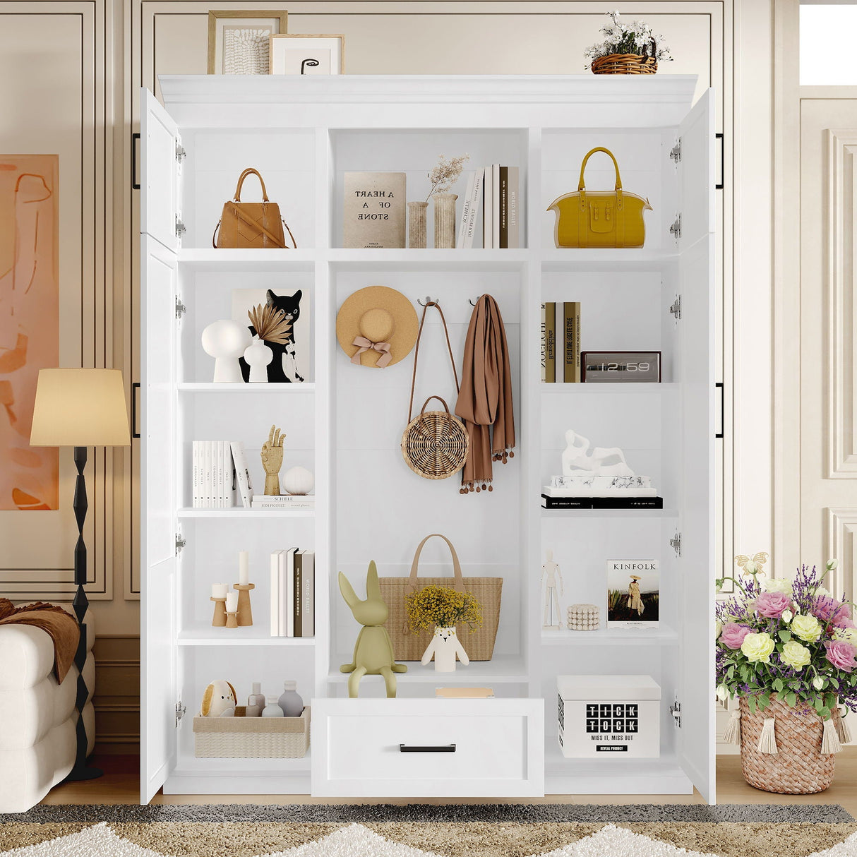 Hall Tree With Bench And 3 Hooks, Modern Entryway Storage Organizer Cabinet