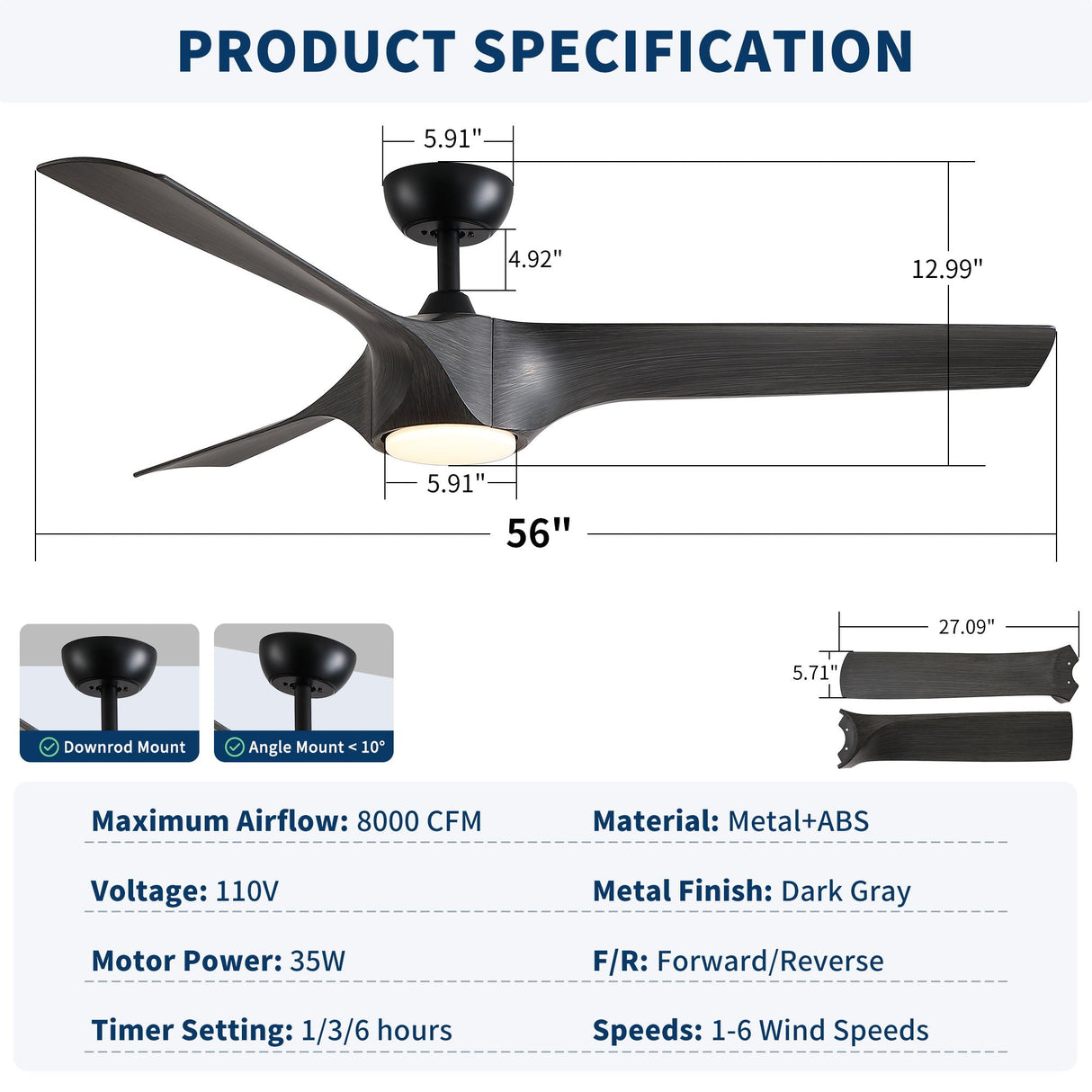 Reversible Quiet Motor Ceiling Fan Light With ABS Blades - Black / Gray
