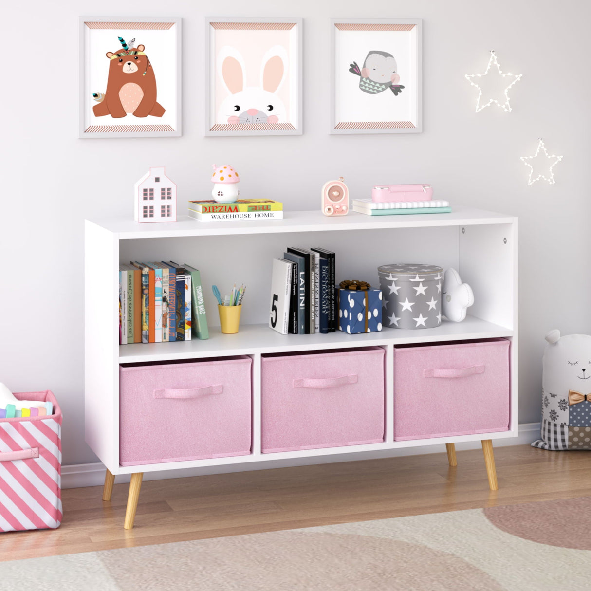 Bookcase With Collapsible Drawers, Book Display Organizer