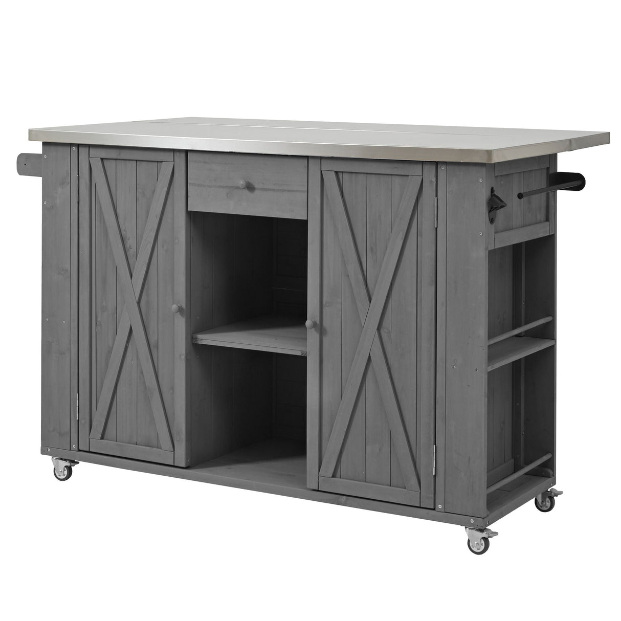 Outdoor Kitchen Island With Stainless Steel Top, Ample Storage Space, Towel And Spice Racks And A Bottle Opener