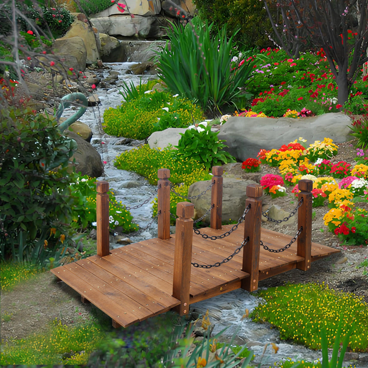 Wooden Arc Footbridge With Chain Railings For Backyard Creek Stained 5 Ft - Brown