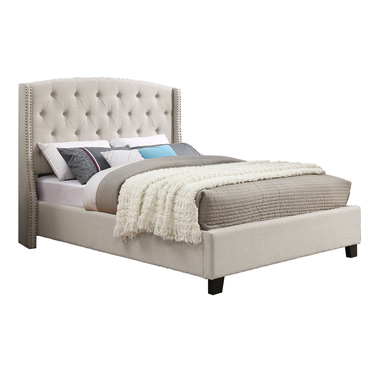 Astral 3-Piece Upholstered Bedroom Set with Tufted Wingback Bed and Two Gray Nightstands
