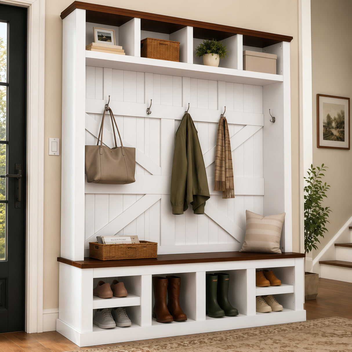 Farmhouse Hall Tree with Bench and Shoe Storage