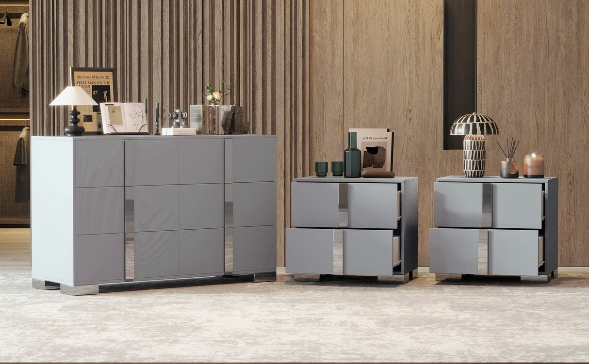 3-Pieces Sets, Elegant 6 Drawers Dresser and Two Nightstands