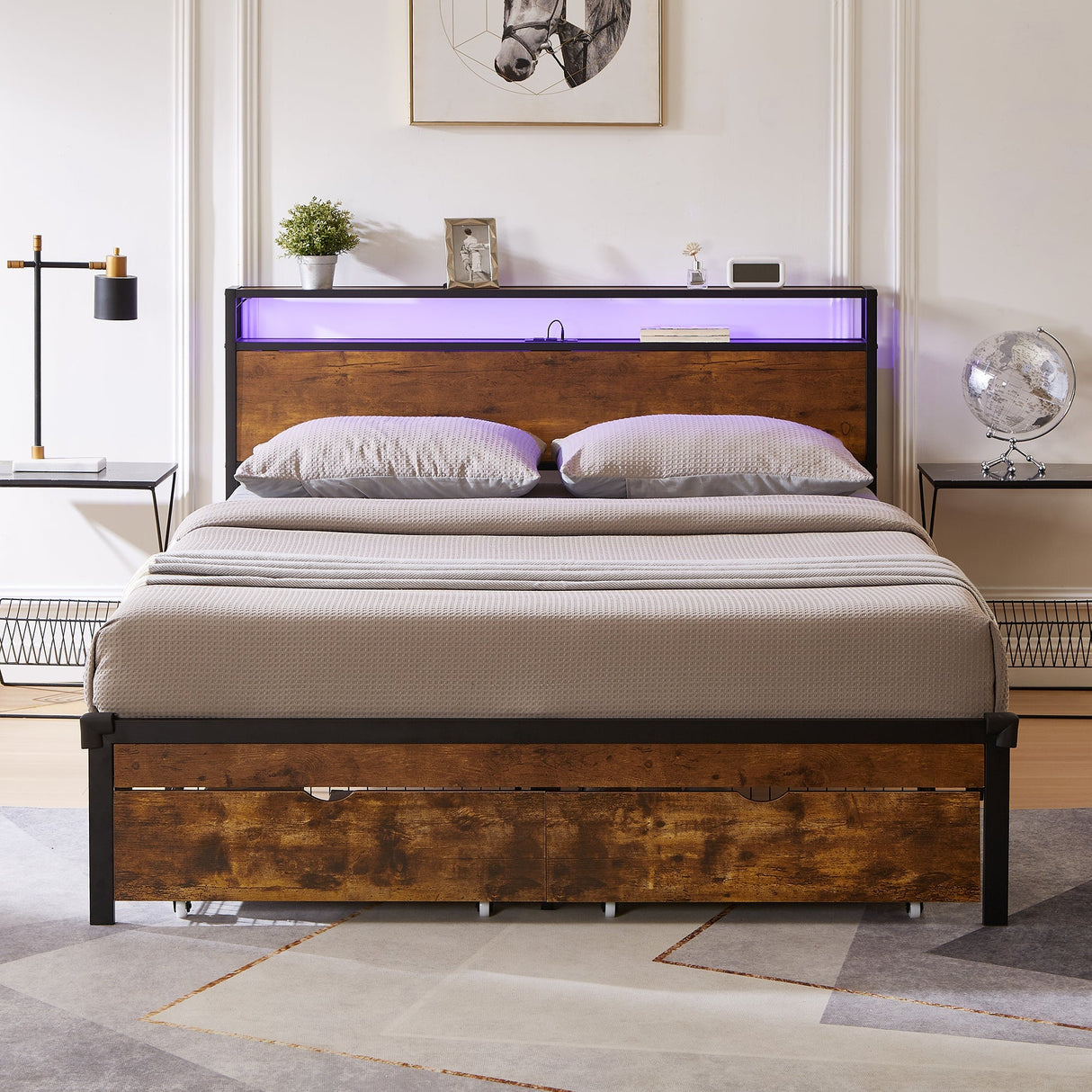 Modern King Size Metal Platform Bed Frame with Wooden Headboard