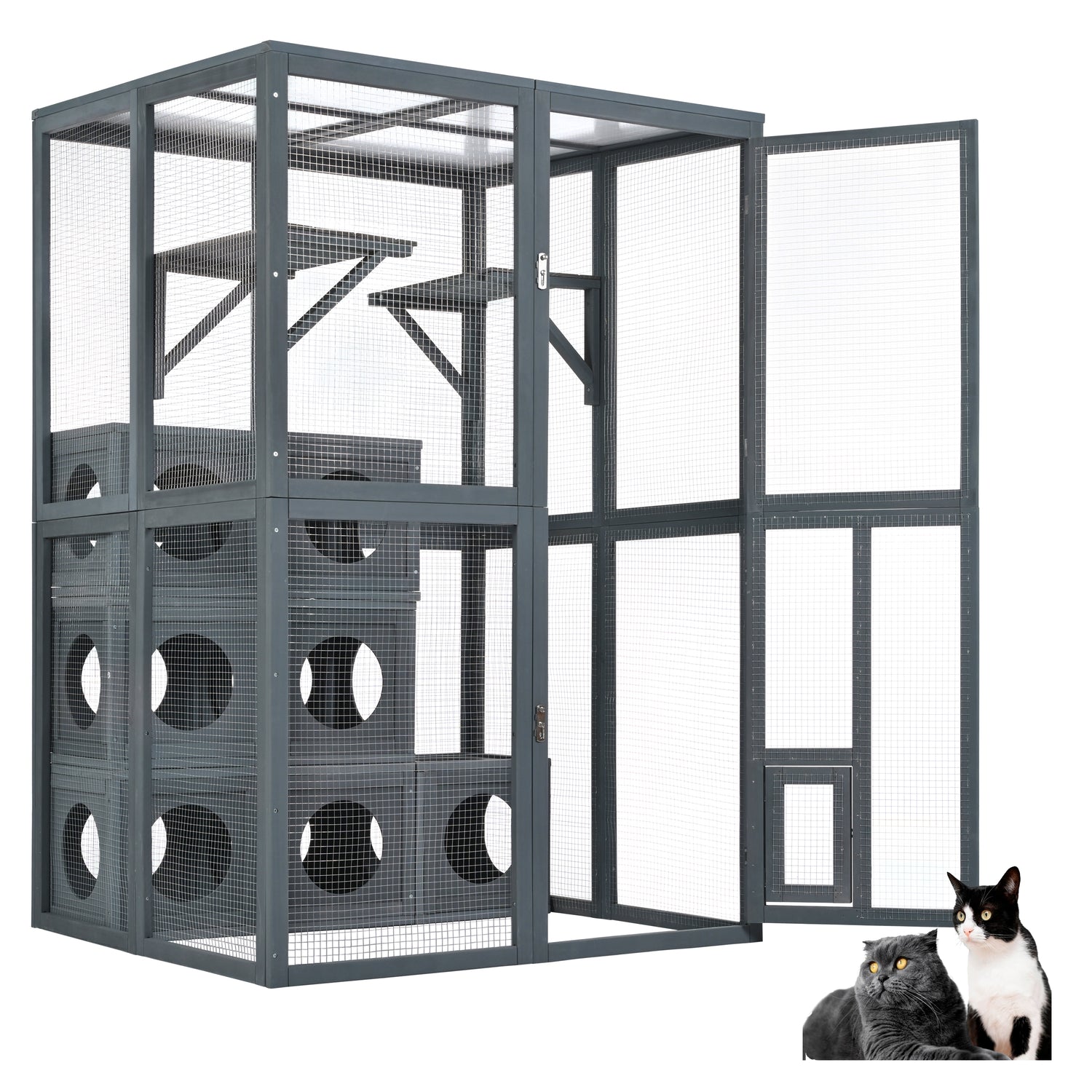 Grey Pine Wood Outdoor Cat House with Shelves and Weather Protection