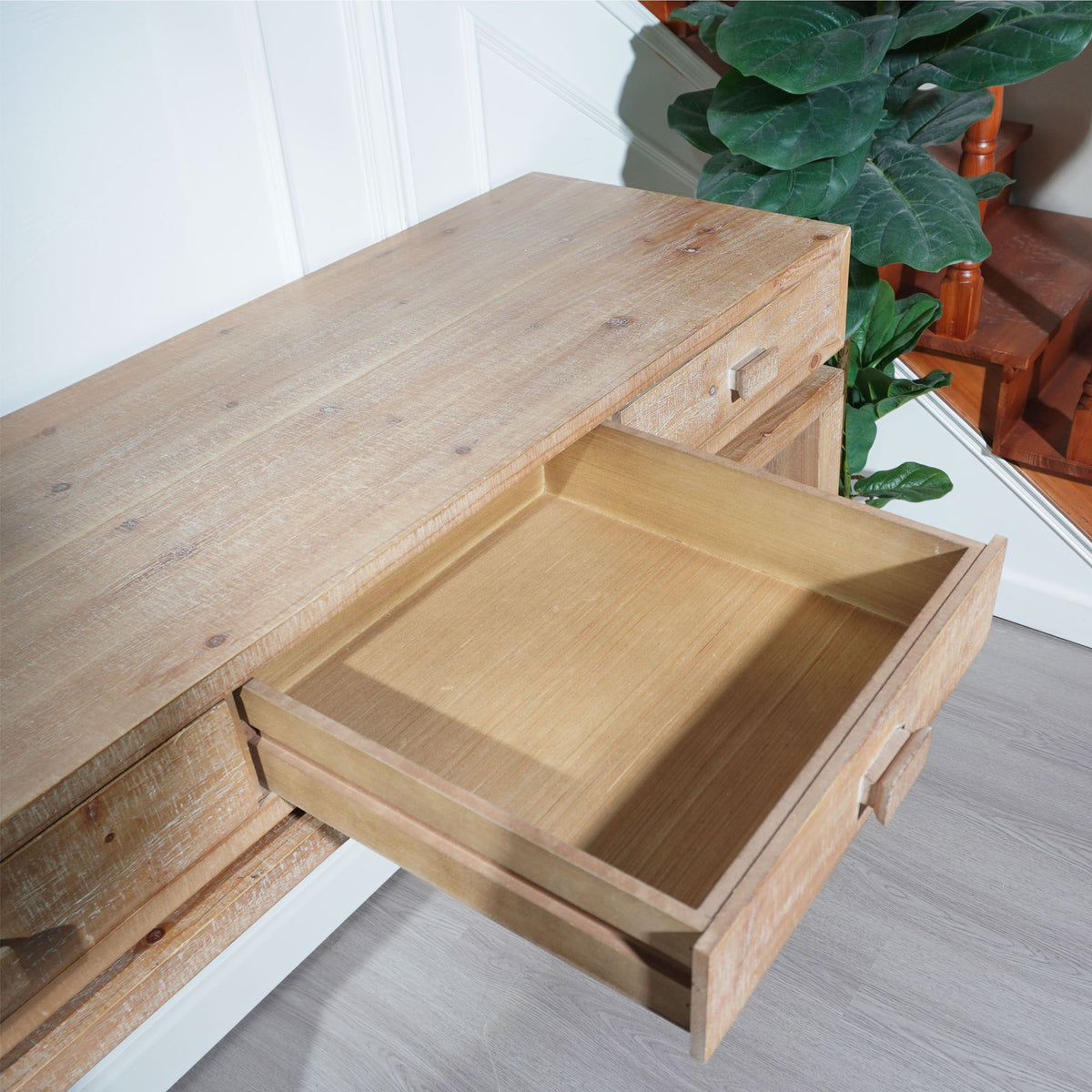 Rustic Wood Console Table with Three Drawers - Natural Finish