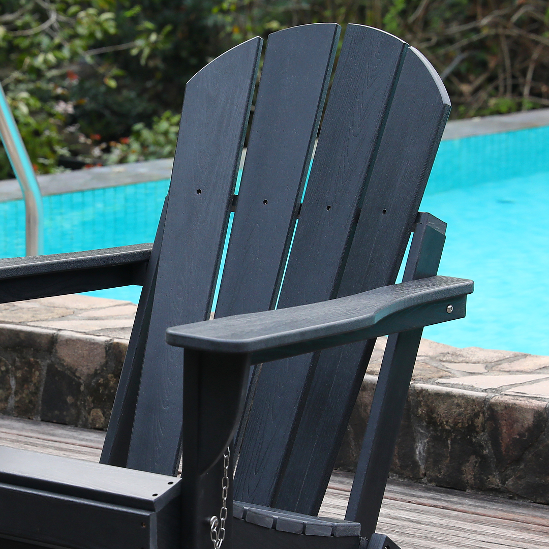 Adirondack Folding Chair with Dual Cup Holders - HDPE All-Weather Outdoor Chairs, Wood-Like Patio Chair for Backyard, Camping, Garden, Pool & Fire Pit, Black
