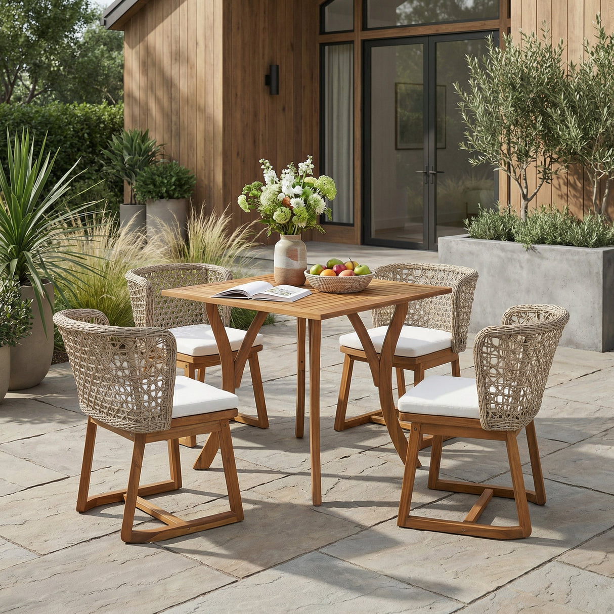 5-Piece Outdoor Dining Set with Acacia Wood Table & Wicker Back Chairs