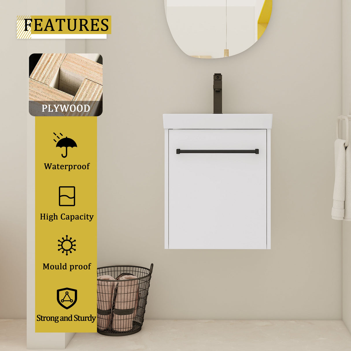 18" Floating Wall-Mounted Bathroom Vanity with Ceramic Sink