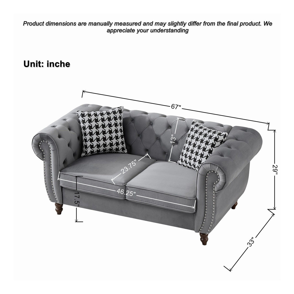 Chesterfield 3 And 2 Seater Upholstery Sofa With Roll Armrest & Nailhead Fabric Couch