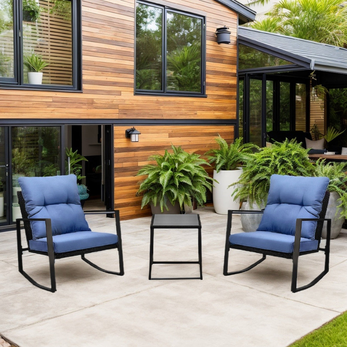 3 Piece Patio Bistro Set with Blue Cushions – Outdoor Rocker Chair Set