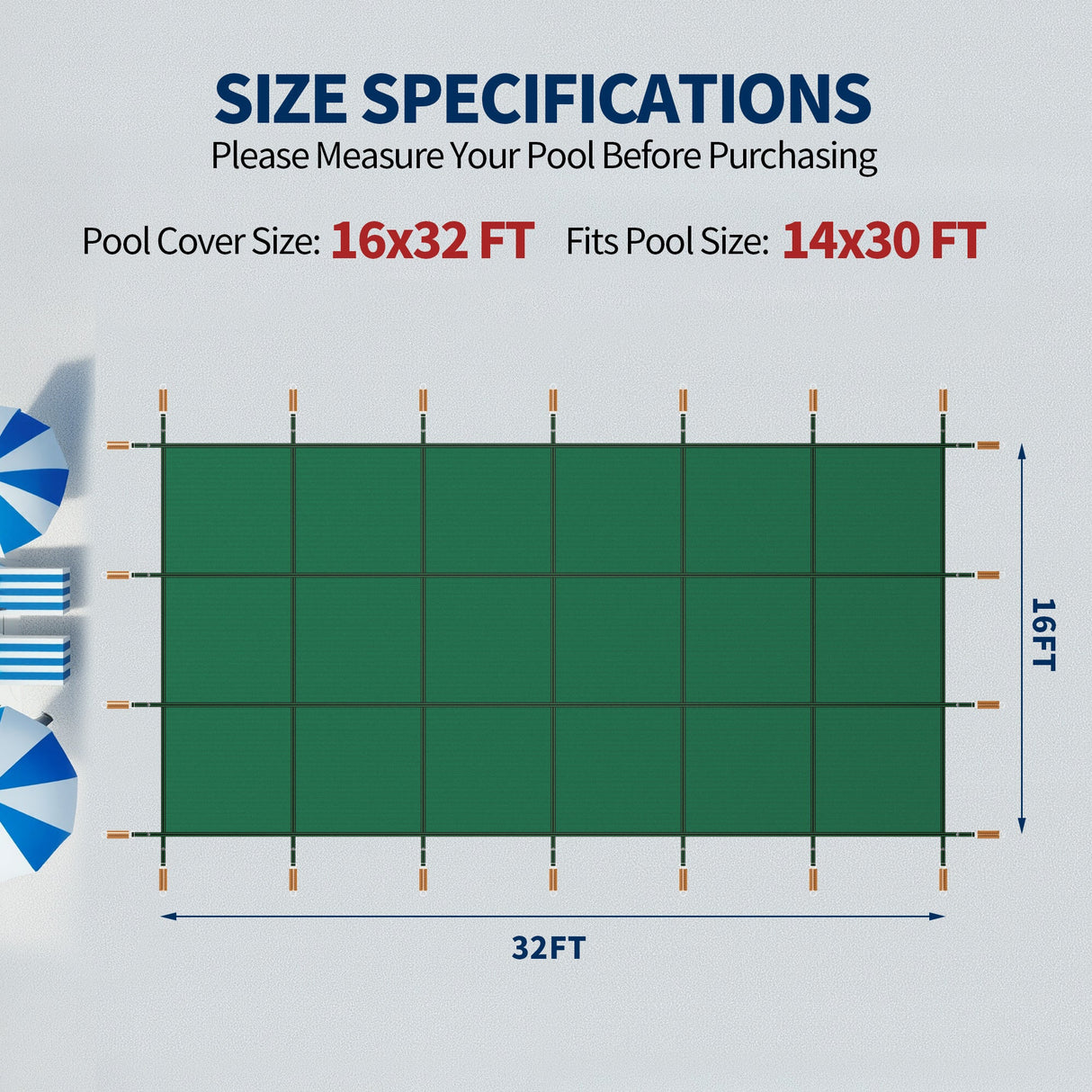 Swimming Pool Safety Cover, Fits 16x32ft Rectangular Pools
