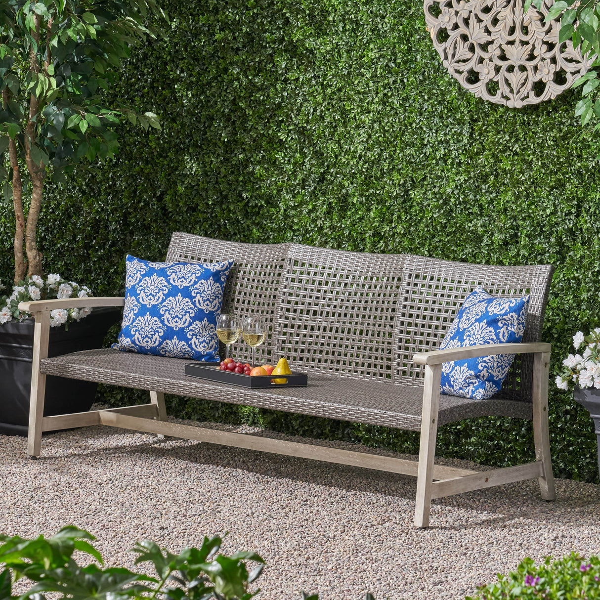 Outdoor Acacia Wood Wicker 3-Seater Sofa, Patio Furniture Conversation Set for Backyard