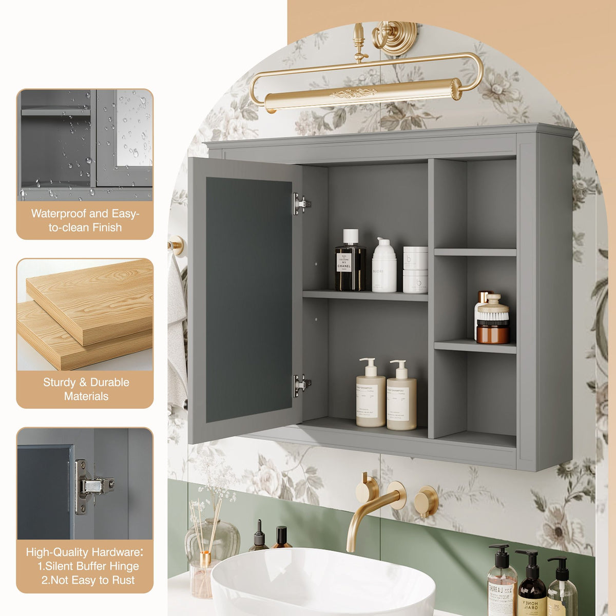 Wall Mounted Medicine Cabinet With Mirror, Storage Cabinet Featuring 6 Open Shelves And Adjustable Interior