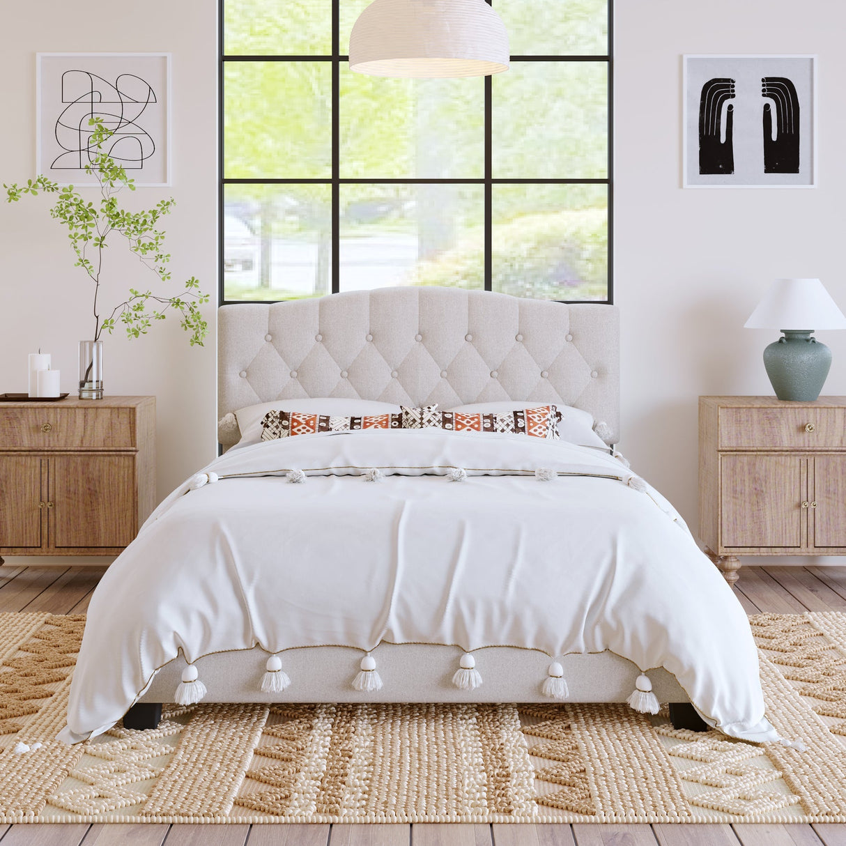 Upholstered Platform Bed with Saddle Curved Adjustable Headboard and Diamond Tufted Details
