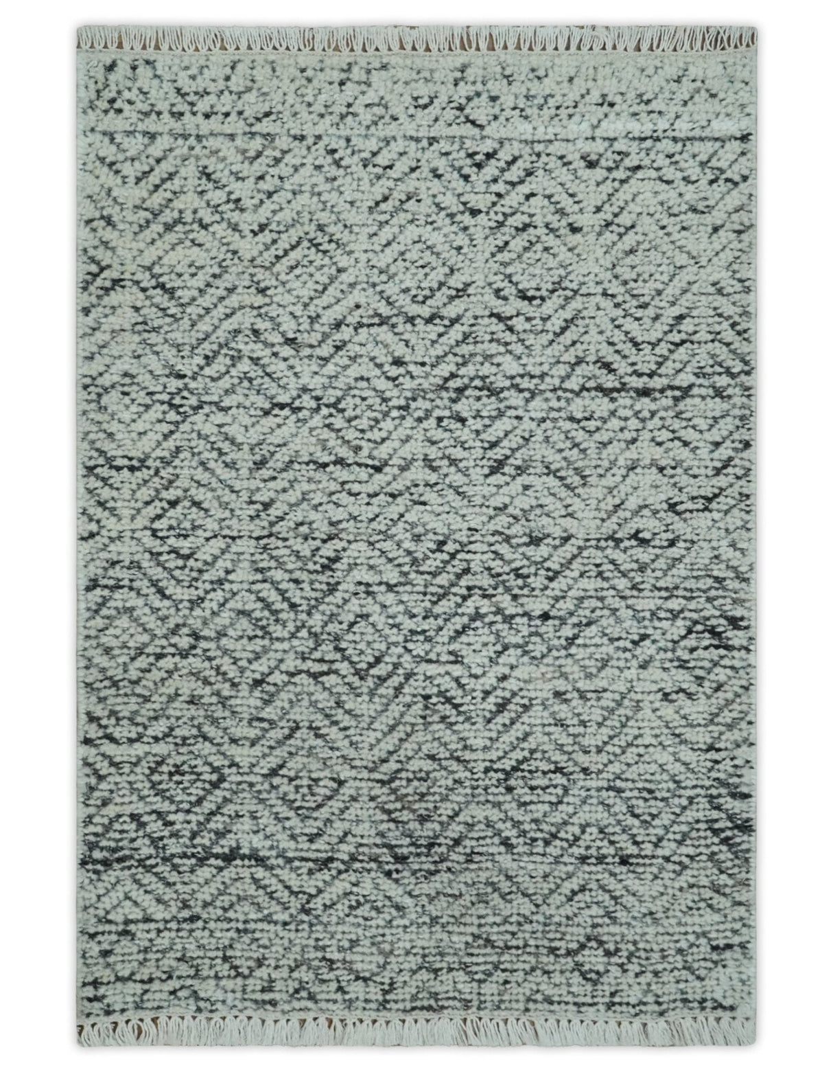 2x3 Hand Knotted Ivory and Charcoal Stripes Tribal Pattern Wool Rug