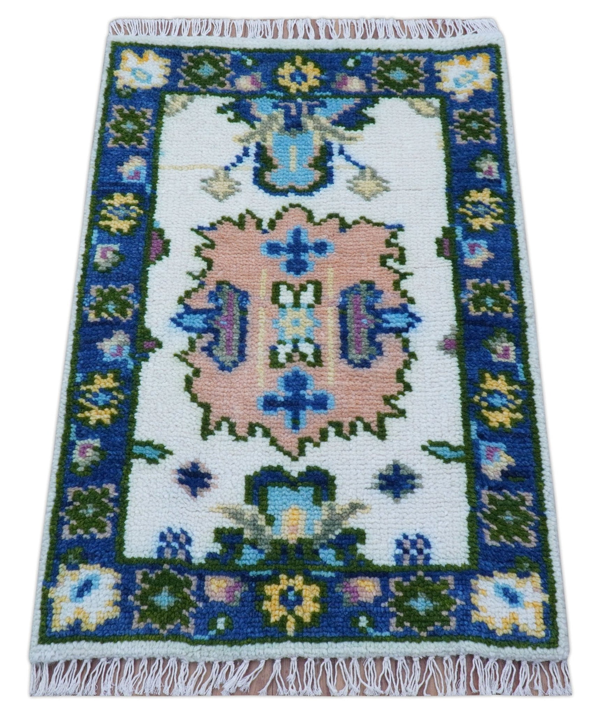 2x3 Ivory And Blue Oushak Hand Knotted Wool Rug