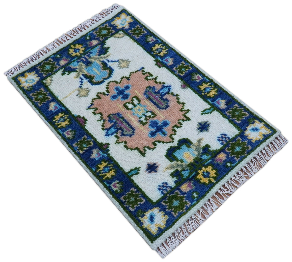 2x3 Ivory And Blue Oushak Hand Knotted Wool Rug