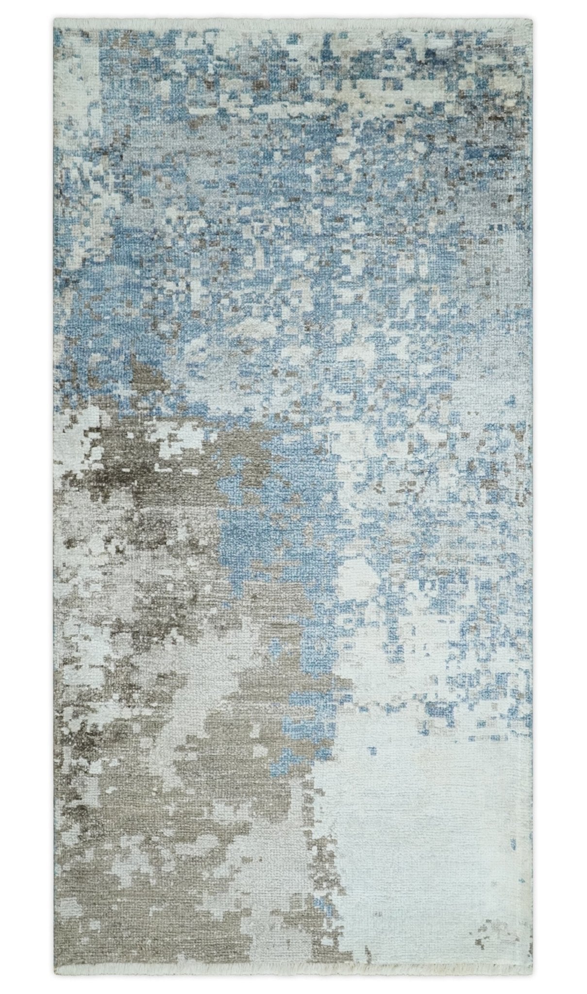 2x4 Modern Abstract Blue and Brown Hand Knotted Art Silk Rug