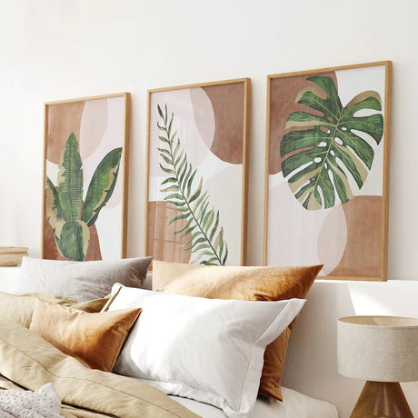 3-Piece-Terracotta-Boho-Wall-Art.-Green-Tropical-Leaves-Wall-Art-Set