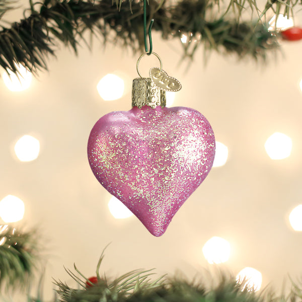 Pink Glittered Heart Glass Ornament