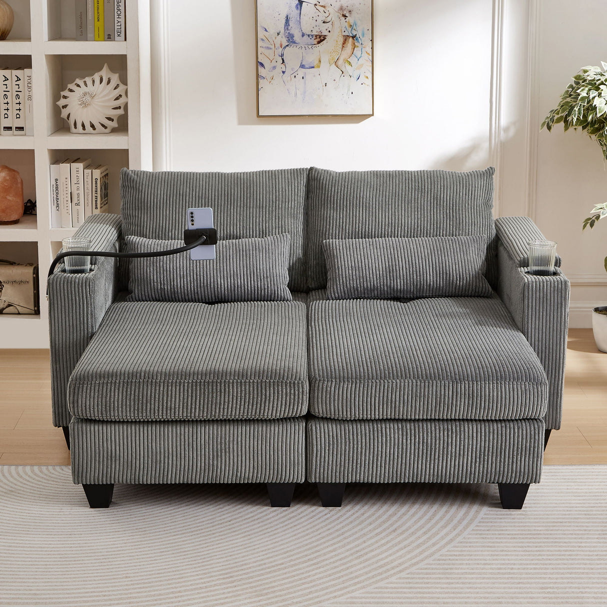 Convertible Chaise Lounge Sofa Chair With USB Ports, Cup Holders, Phone Holder And Storage