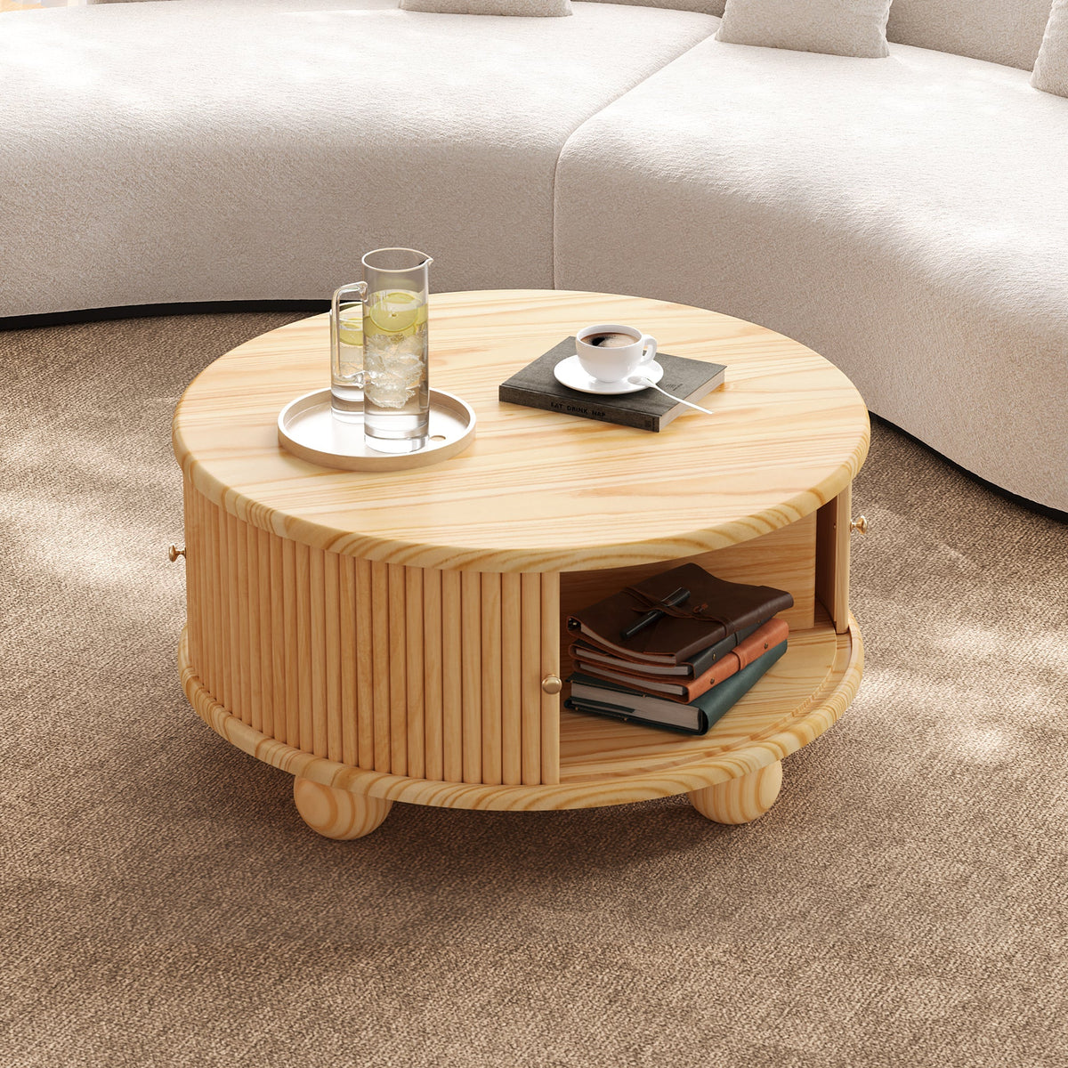 Round Fluted Coffee Table with Storage - Pine Solid Wood