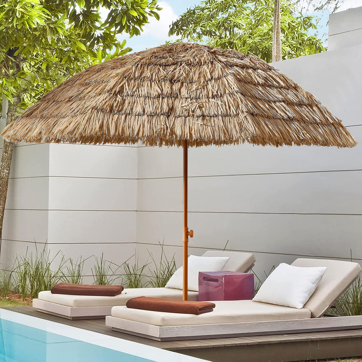 8 foot thatched tiki patio umbrella with a tropical palapa top