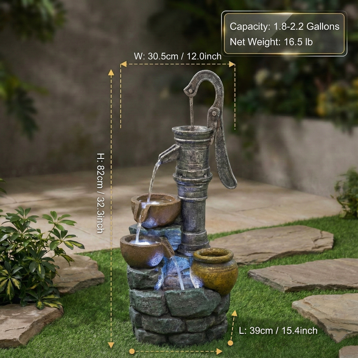 32'' Large Outdoor Fountain with Vintage Pump