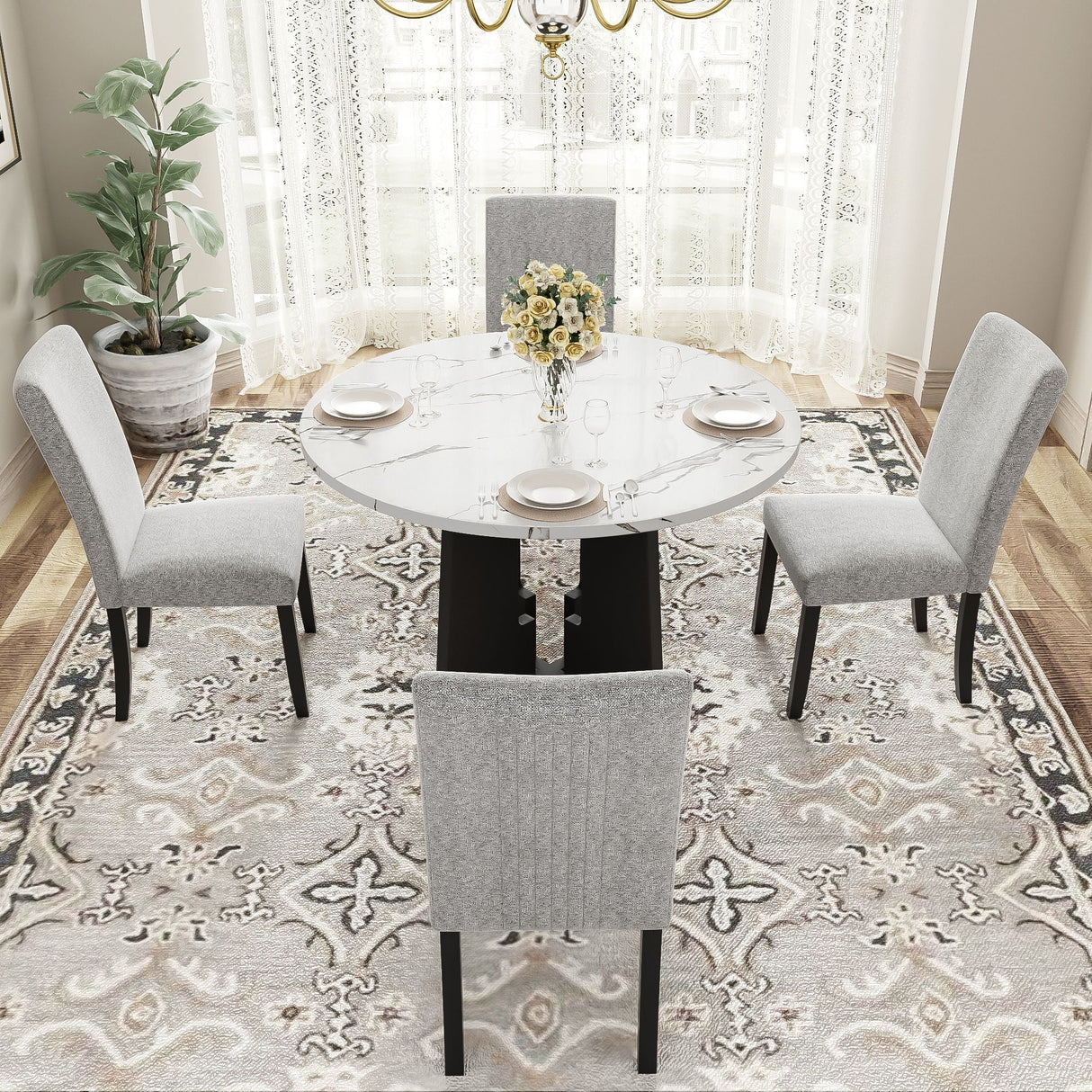 5 Piece Round Dining Table Set, Dining Table And 4 Upholstered Chairs For Dining Room, Kitchen Room, Living Room - White / Gray